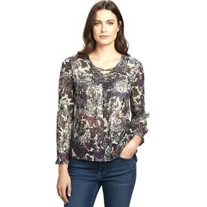 Lucky Brand 100% Silk Peasant Blouse Dark Floral Lace Up Crinkle Gauze Romantic